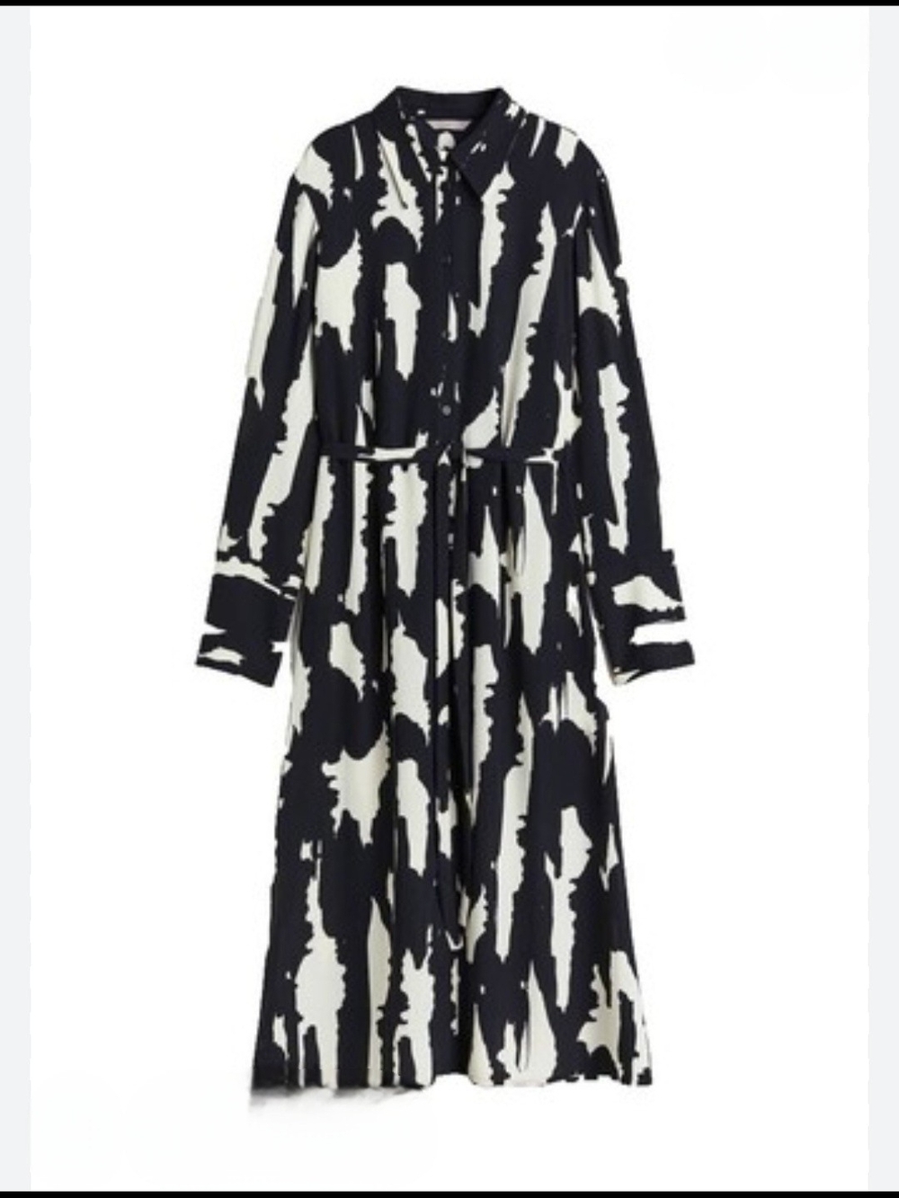 H&M Abstract Black & Cream Tie-Belt Long Sleeve Shirt Dress - L